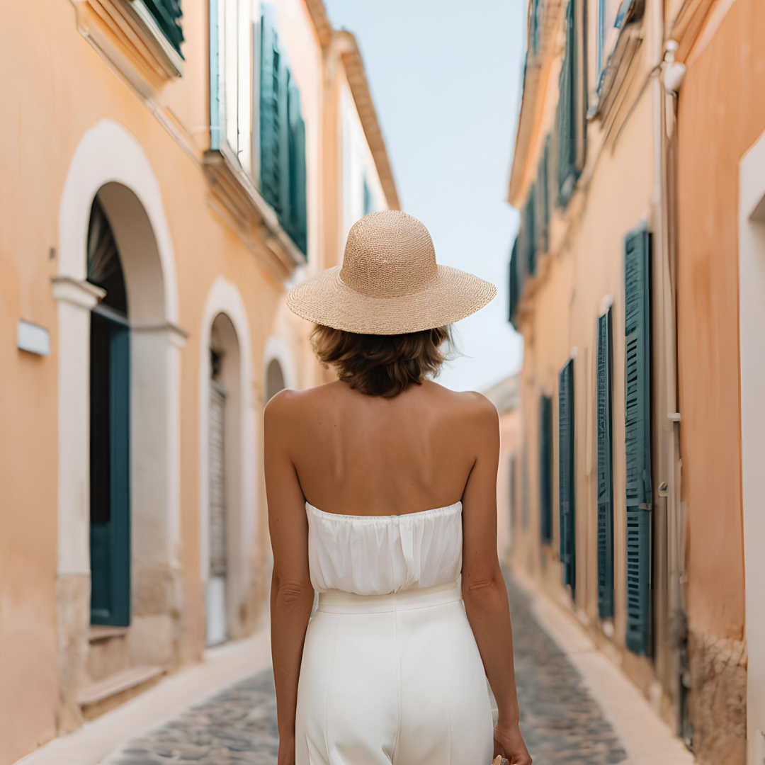 Elegant woman with sun hat walking through the streets of St Tropez