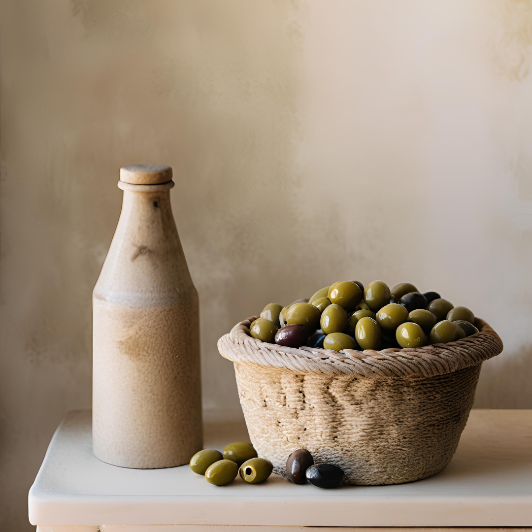 A rustic wicker basket filled with green and black olives, alongside a ceramic olive oil bottle, exuding Provençal charm and tradition.