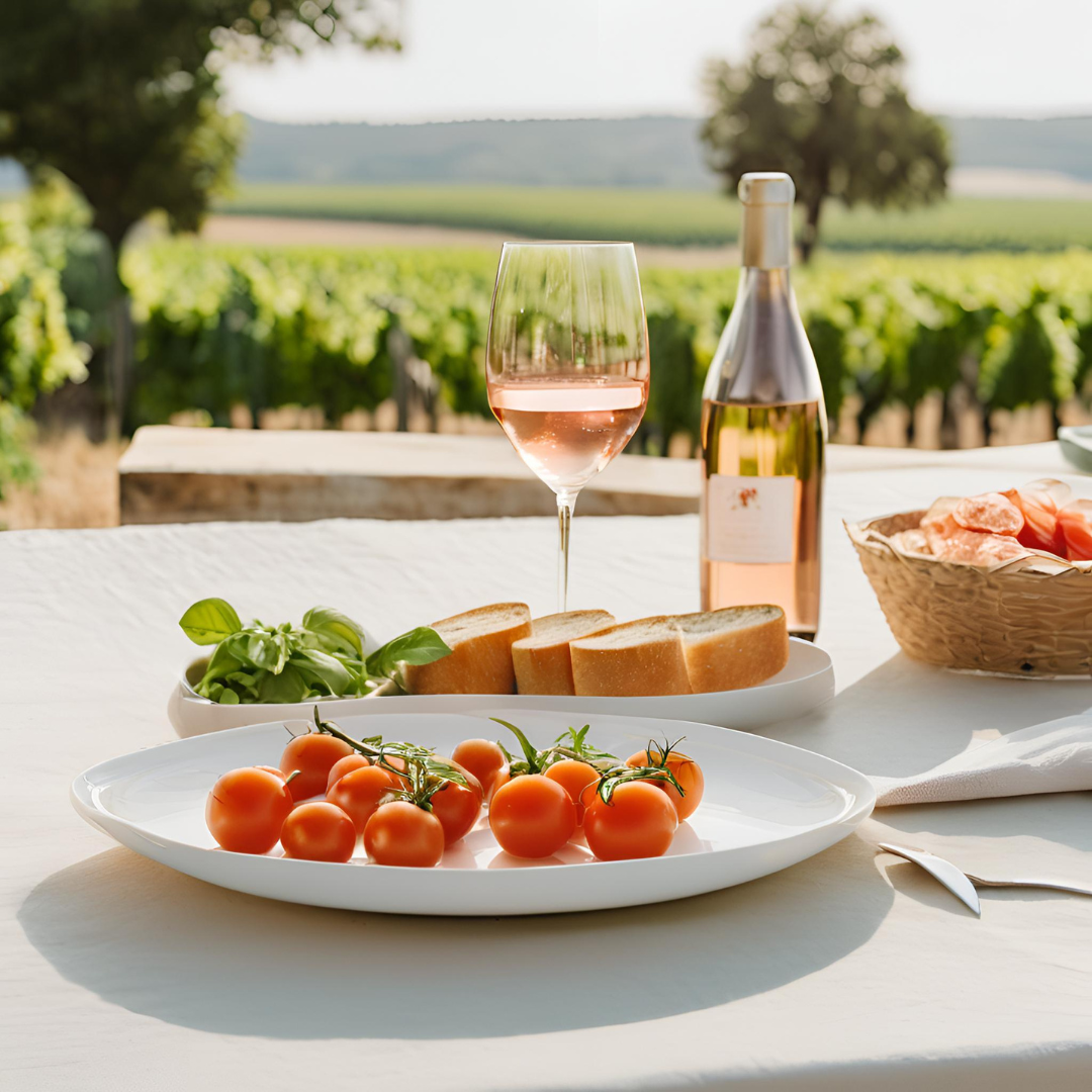 A serene table setting featuring fresh tomatoes, basil, bread, and a glass of rosé, evoking the flavors of the French Riviera.