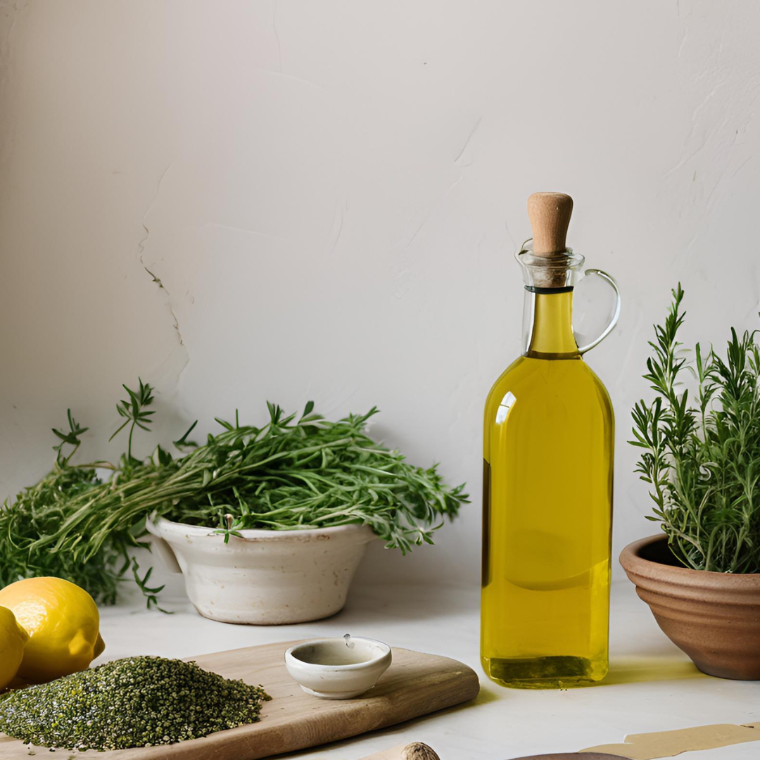 A bottle of premium olive oil styled with fresh rosemary, thyme, and lemons on a rustic table, evoking a Provençal culinary scene.