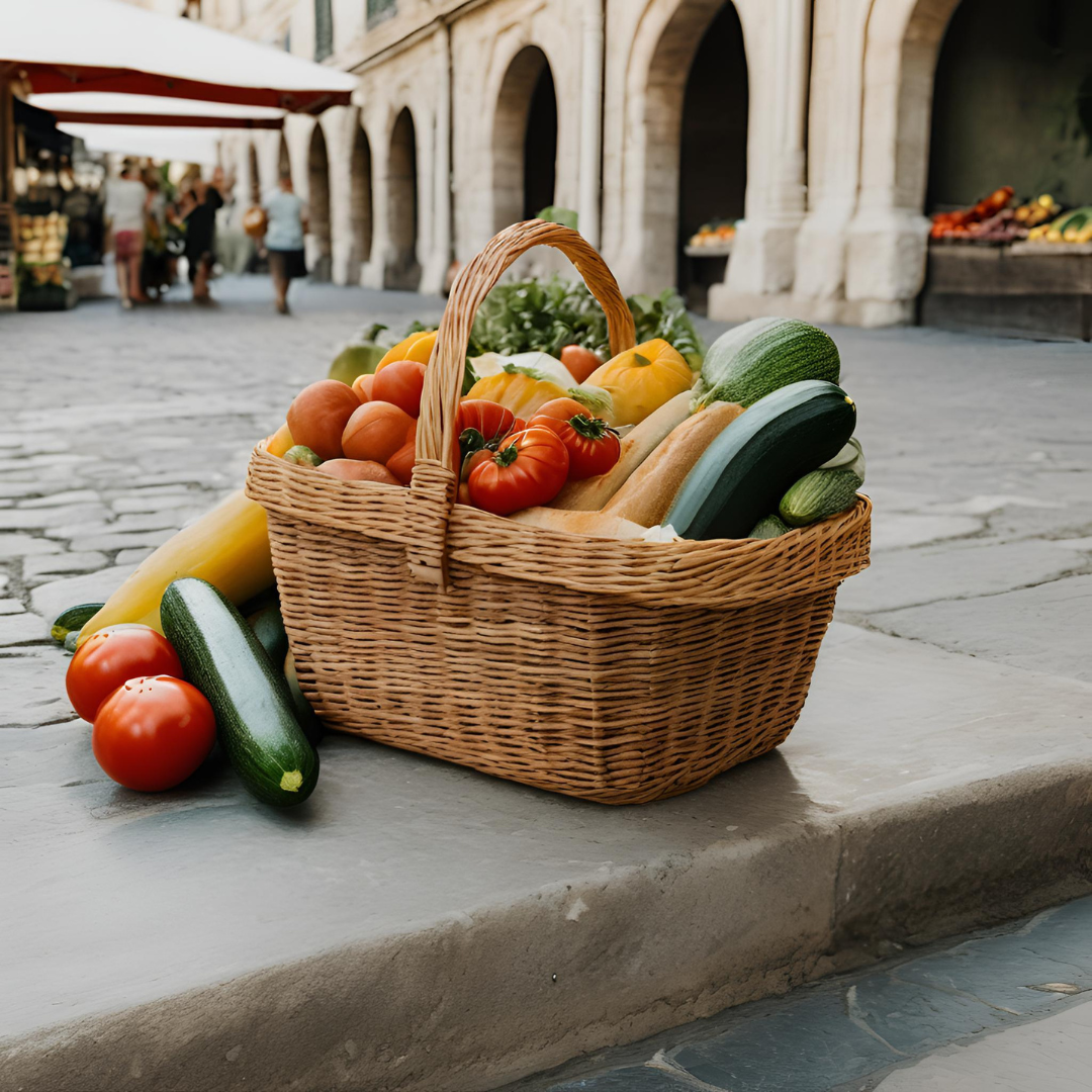 A wicker basket filled with fresh produce, including tomatoes, zucchini, and bread, set against a charming French market backdrop.