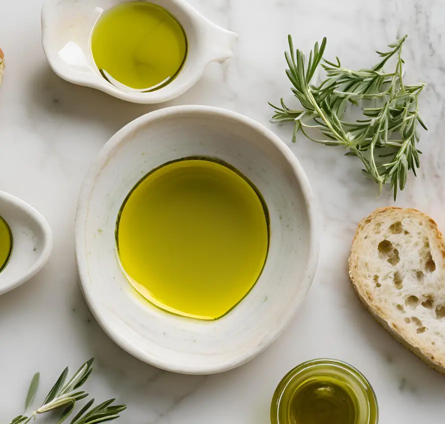 A luxurious setup featuring bowls of golden olive oil, fresh rosemary, and crusty bread on a marble table, perfect for an elegant Mediterranean tasting experience.