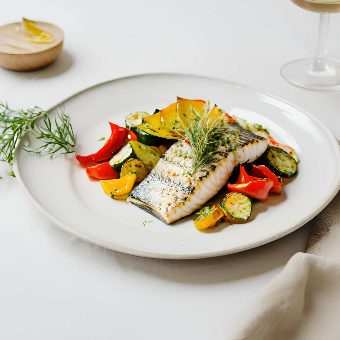 A beautifully prepared Mediterranean plate featuring grilled white fish, complemented by roasted bell peppers, zucchini, and a touch of fresh dill