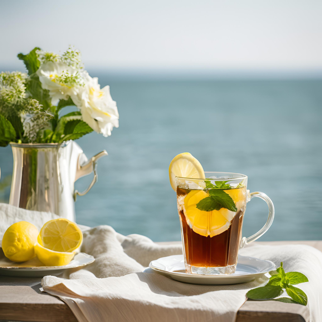 Close-up on ice tea in front of the Riviera sea