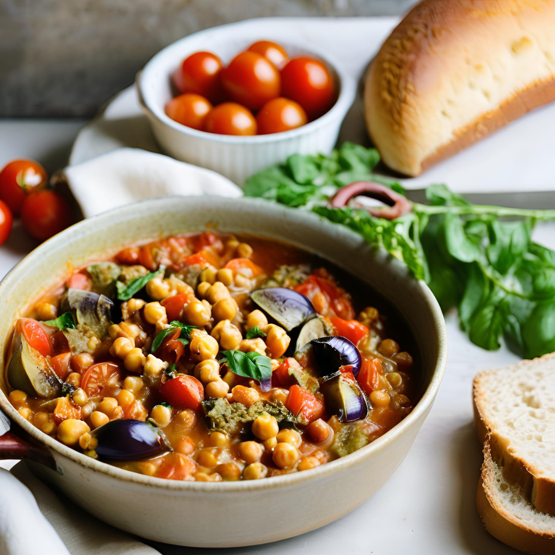 A rustic Mediterranean stew with chickpeas, eggplant, tomatoes, and basil, served with crusty bread for a comforting meal.