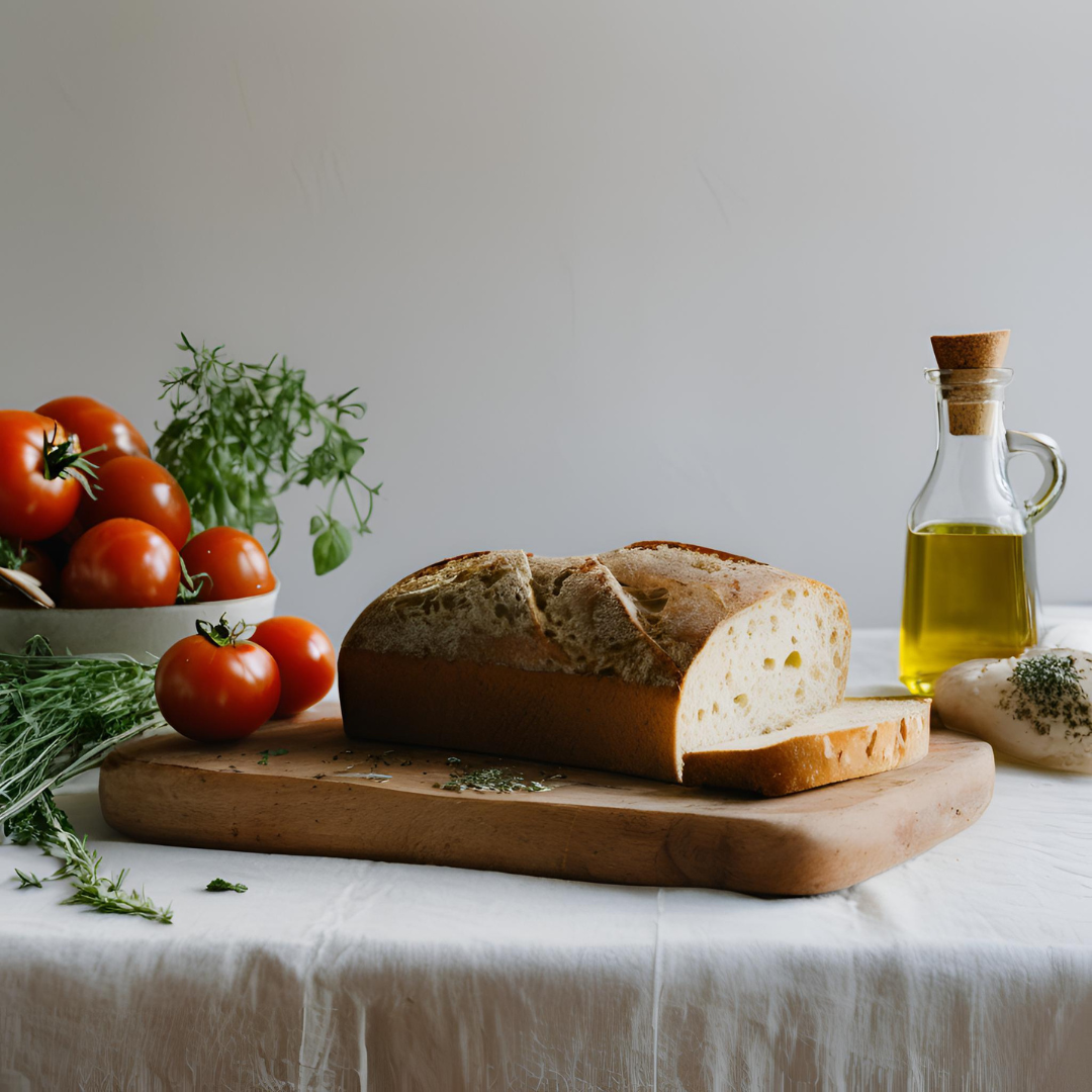 A loaf of rustic bread surrounded by tomatoes, fresh herbs, and olive oil, embodying the simplicity of French home cooking.