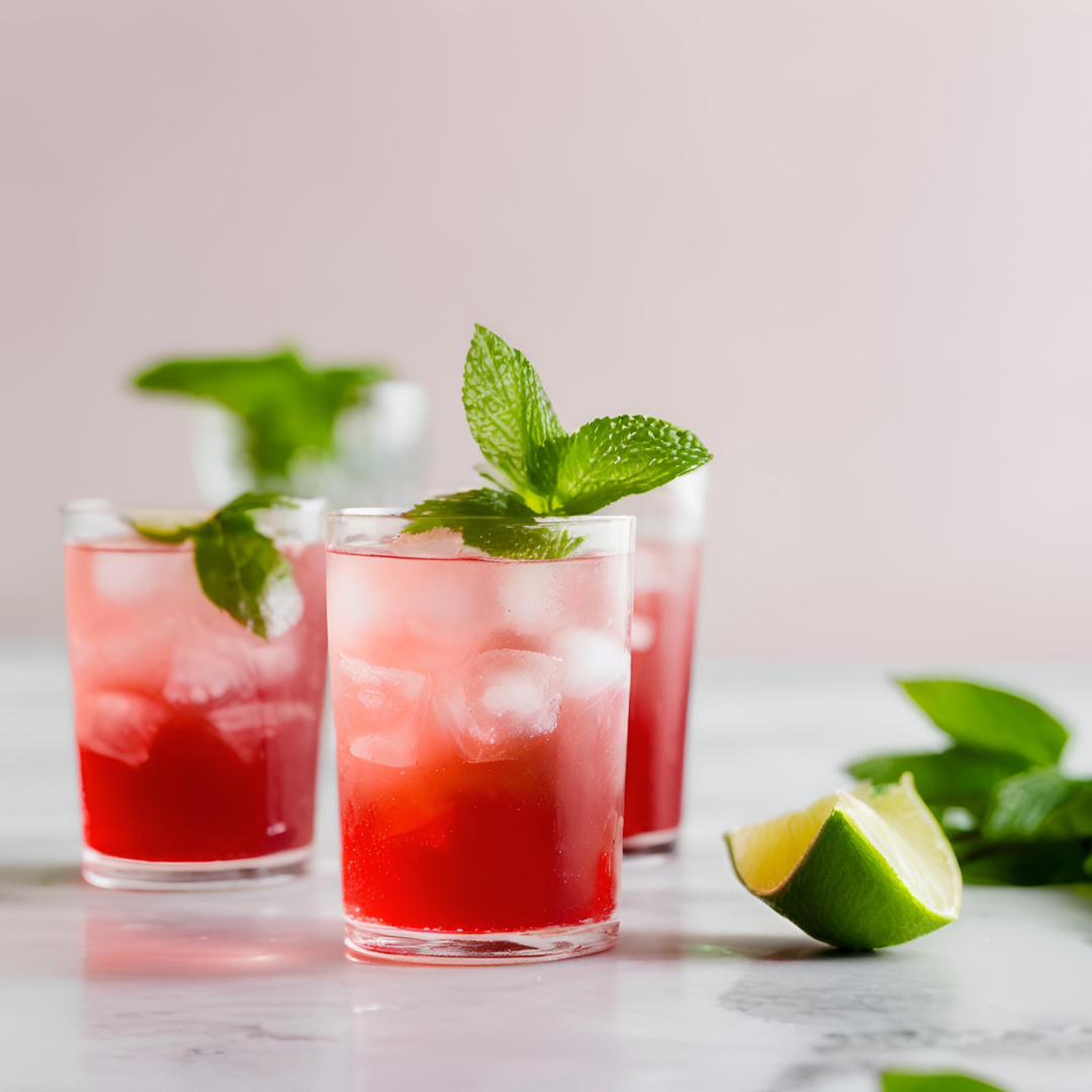 Three glasses of Grenadine Syrup on ice next to green lemons and peppermint