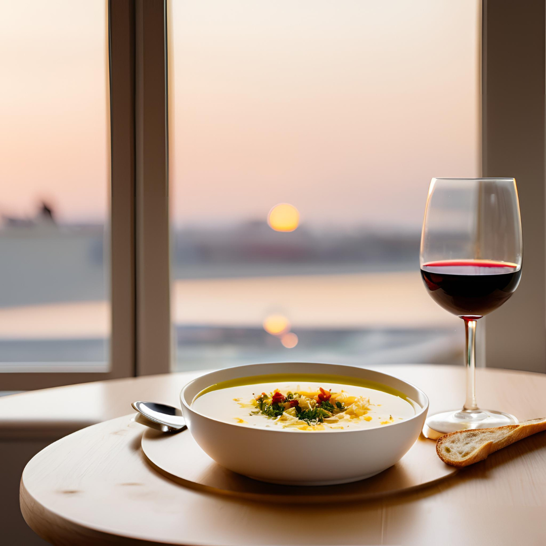 A light dinner of soup and red wine served by the window during a serene sunset, capturing the essence of French dining habits.