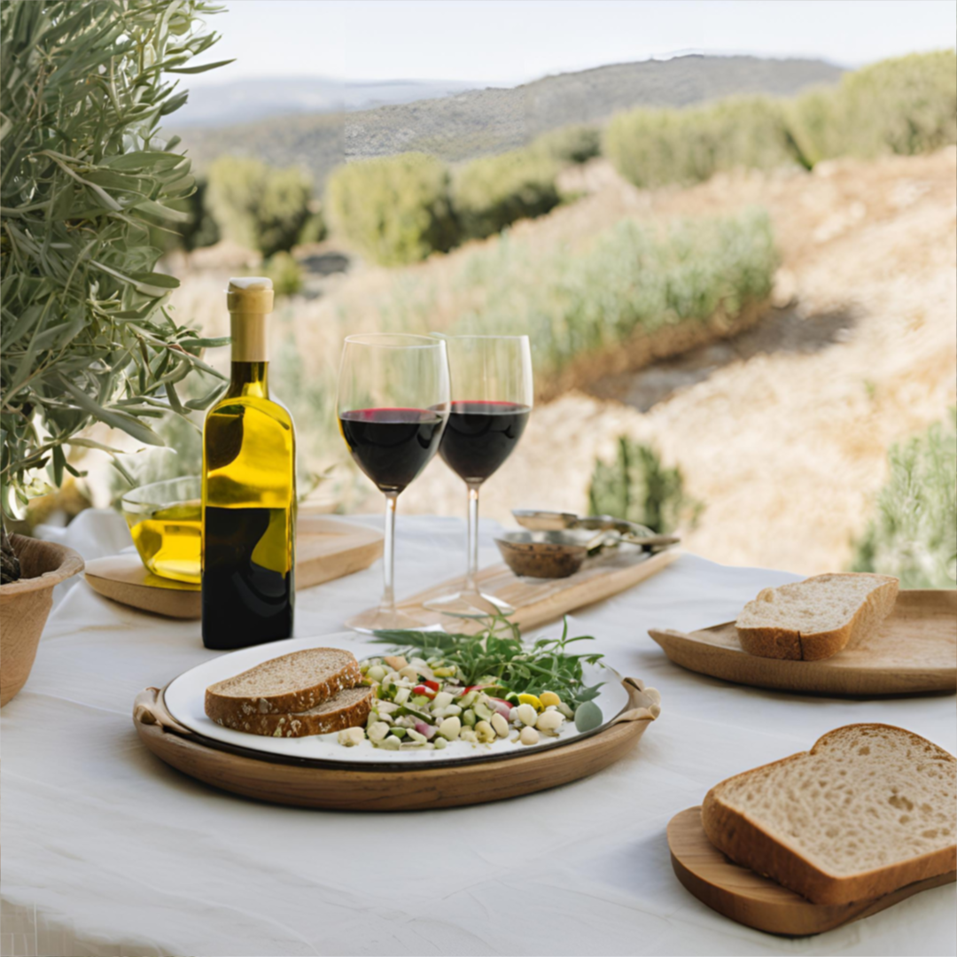 An outdoor meal featuring olive oil, whole-grain bread, fresh salad, and wine