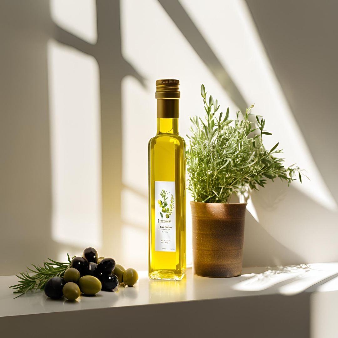 A bottle of golden olive oil paired with fresh rosemary and olives, showcasing the essential ingredients of a Mediterranean kitchen