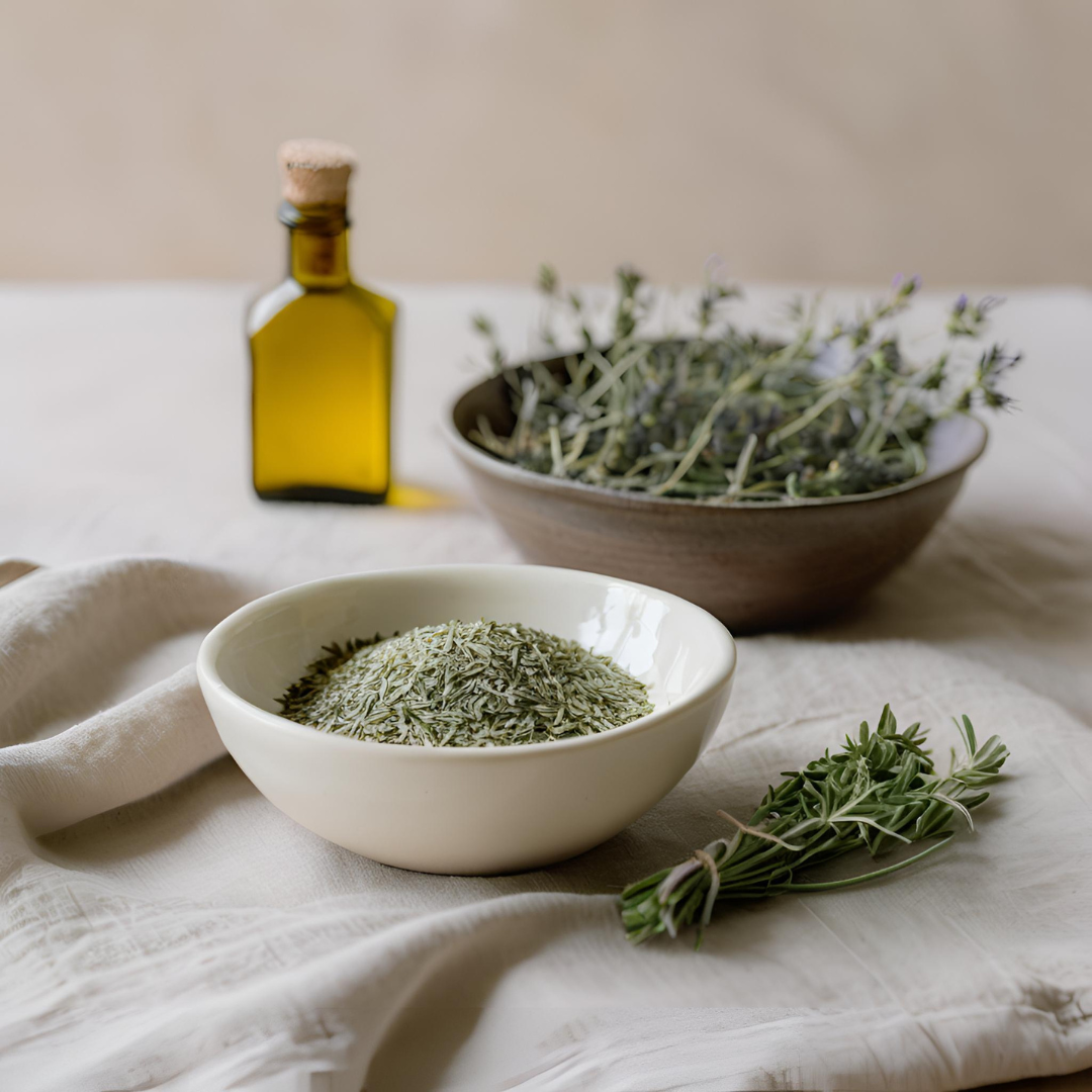 Herbes de Provence in a ceramic bowl on beige linen