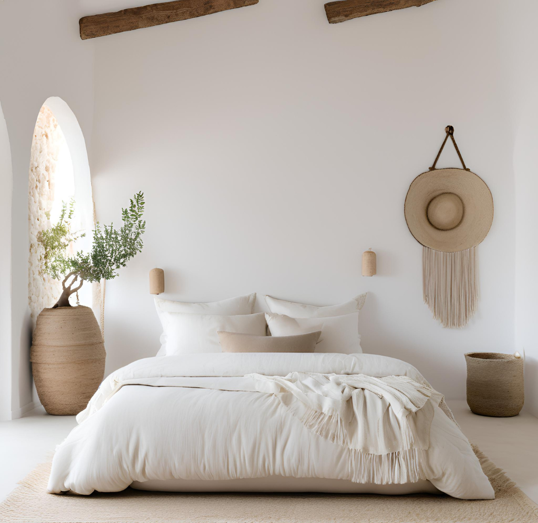 Mediterranean but modern country bedroom with white walls, a cozy bed and soft textures