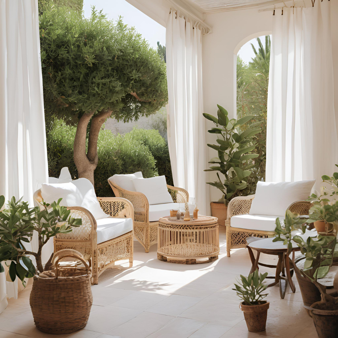 Bohemian Mediterranean Patio with rattan furniture and white textile