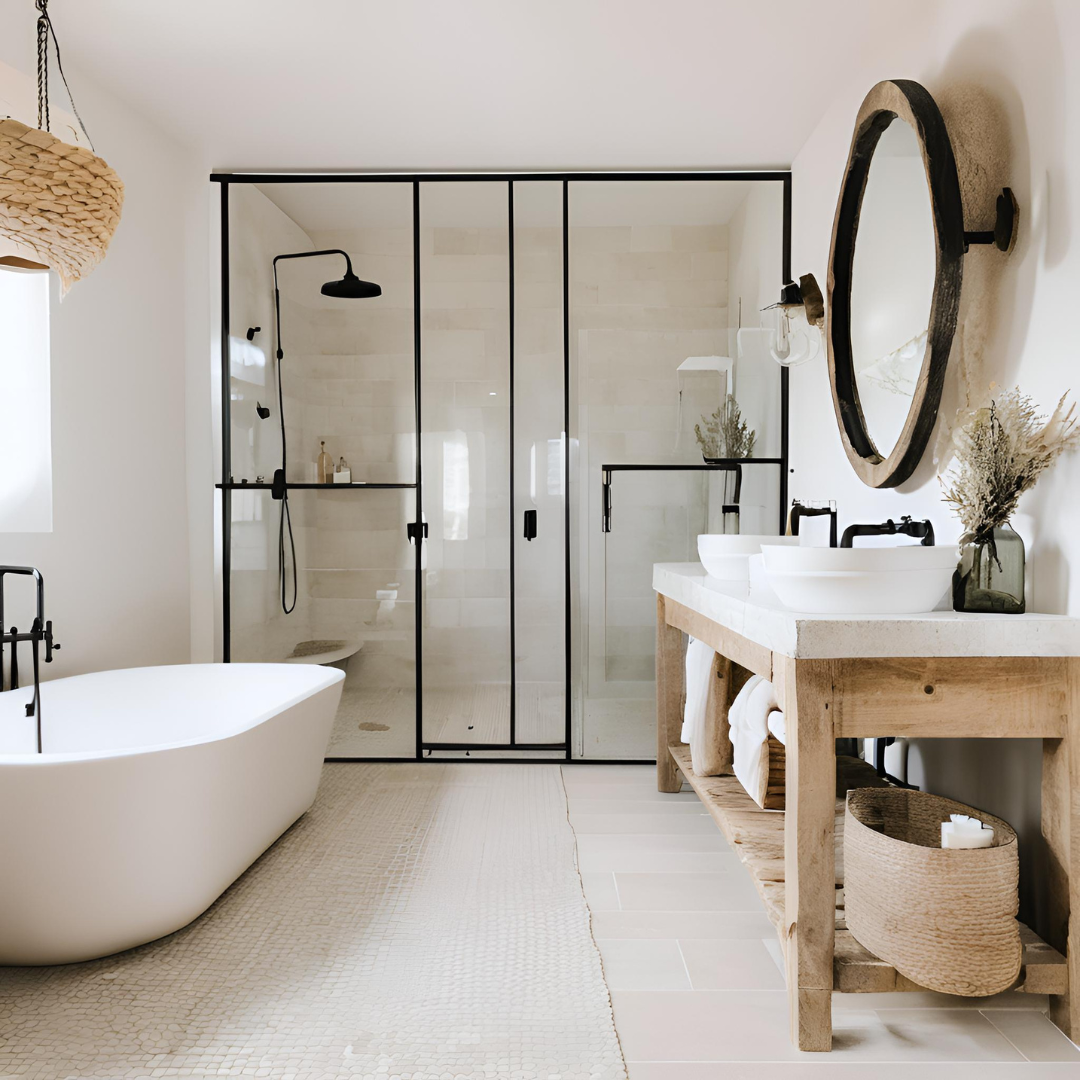 Modern French Country Shower Design – A stylish mix of rustic wood and black metal shower framing