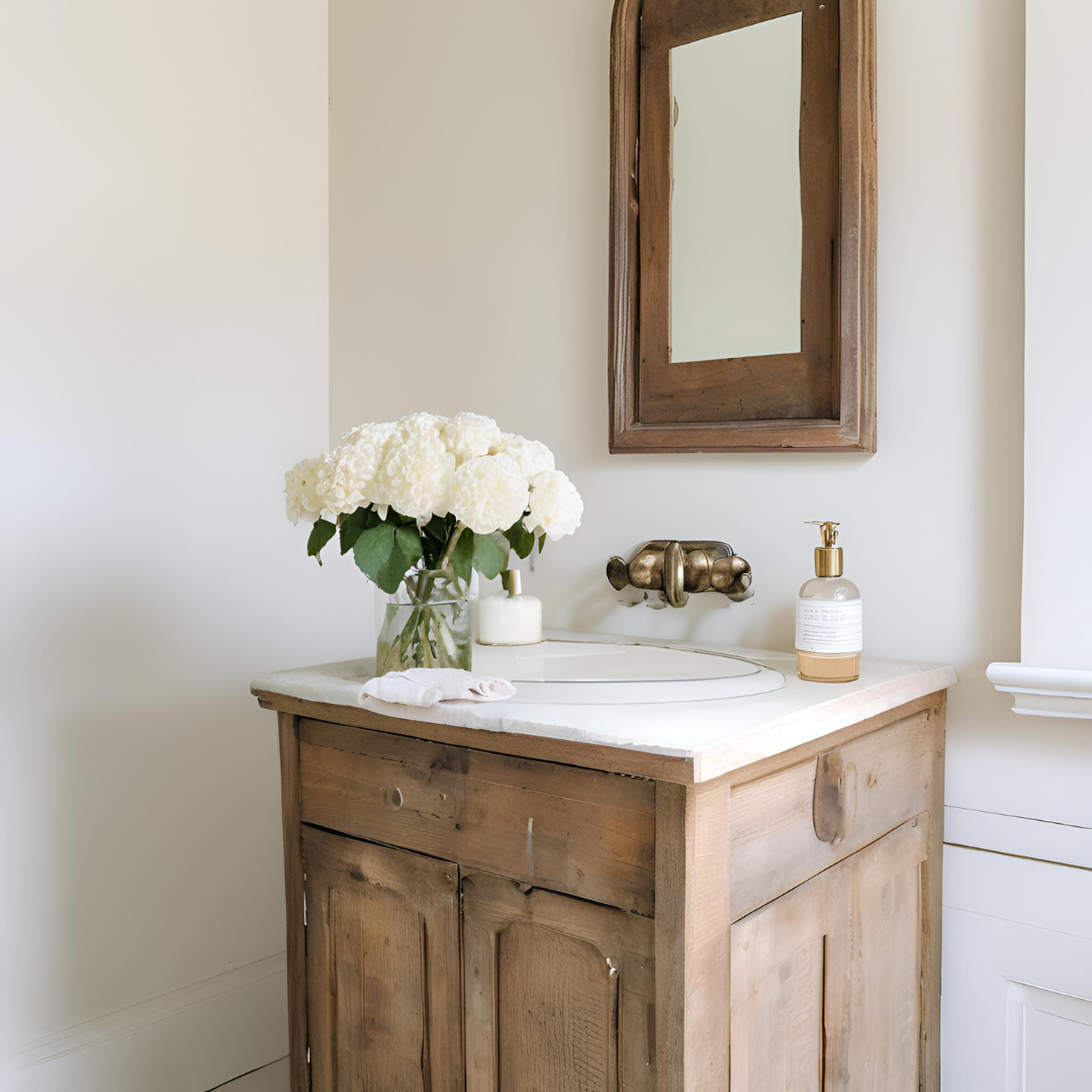 reclaimed wood vanity with antique brass fixtures and fresh flowers adds understated luxury to a classic French country bathroom