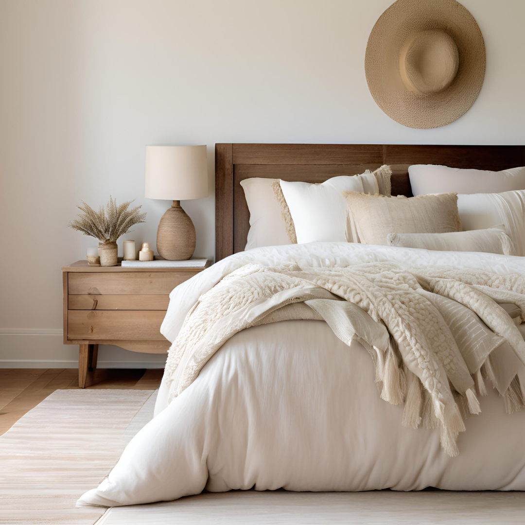 Contemporary French Country Bedroom with material mix of wood linen and cotton