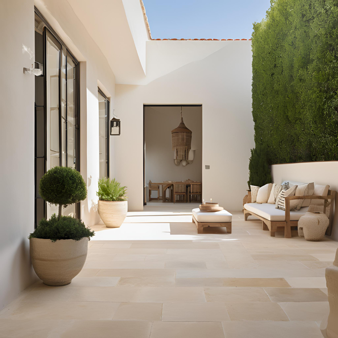 Warm, Contemporary Mediterranean Patio with Limestone flooring and large windows