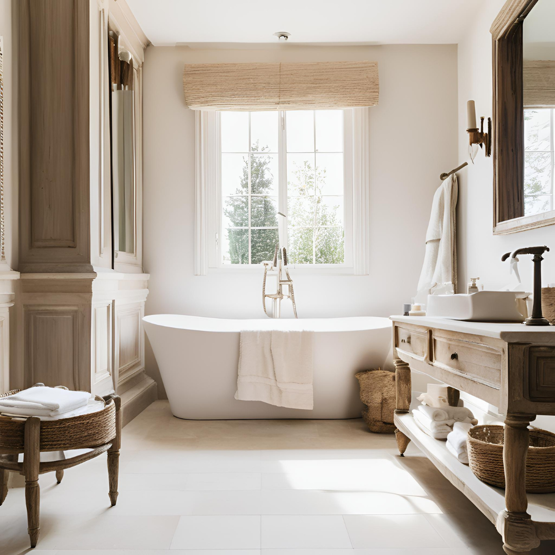 A bright and airy bathroom with vintage-style furniture, warm beige walls, and a statement freestanding tub