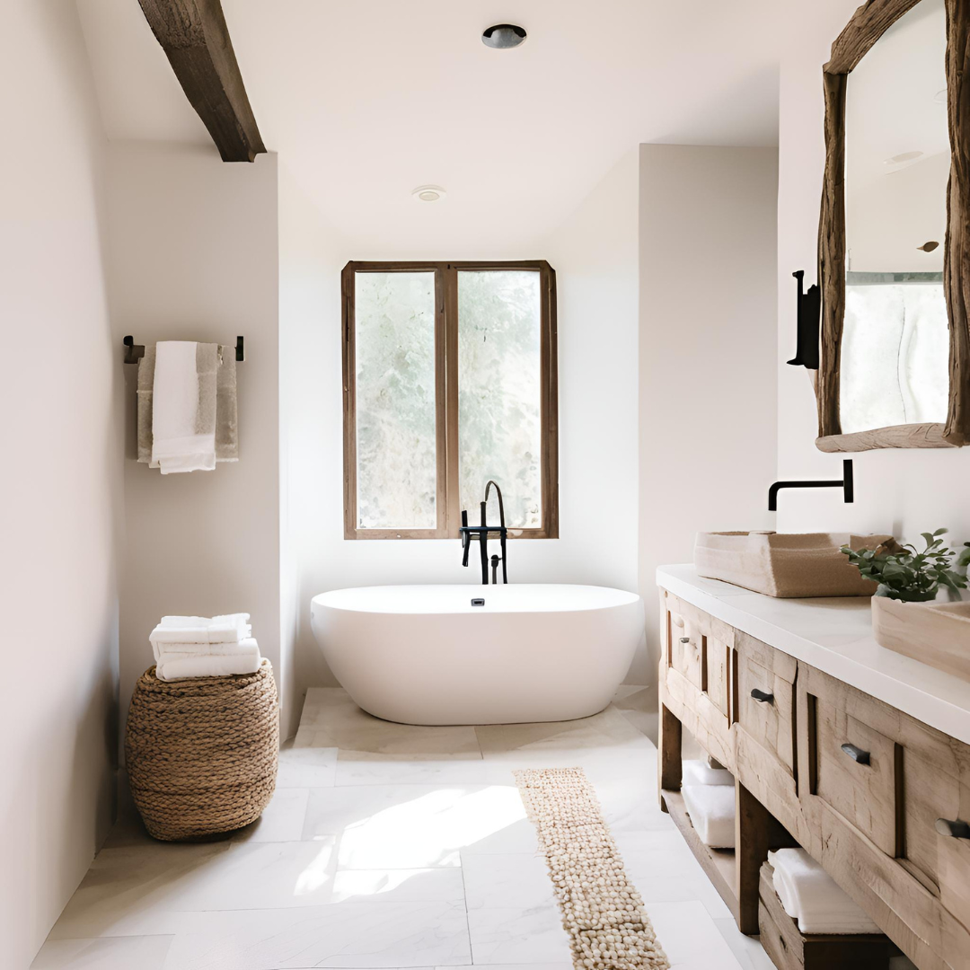 Minimalist French Country Bathroom with soft white walls, wooden accents, and a sculptural tub