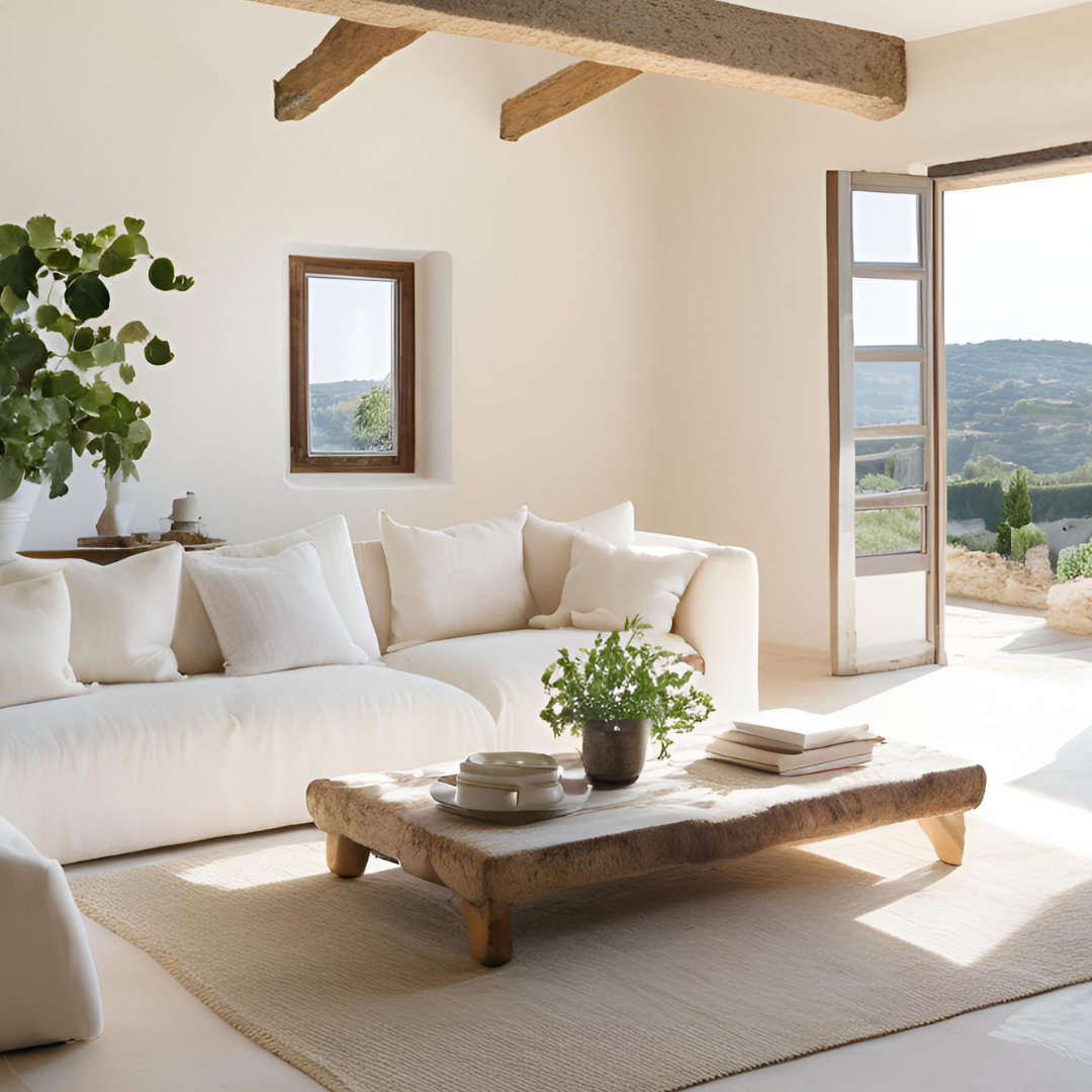 Minimalist Mediterranean Lounge with Airy space, organic wood, and countryside views