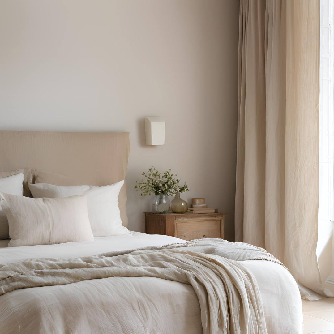 Serene French Country Bedroom with Soft linens, earthy tones, and flowing curtains