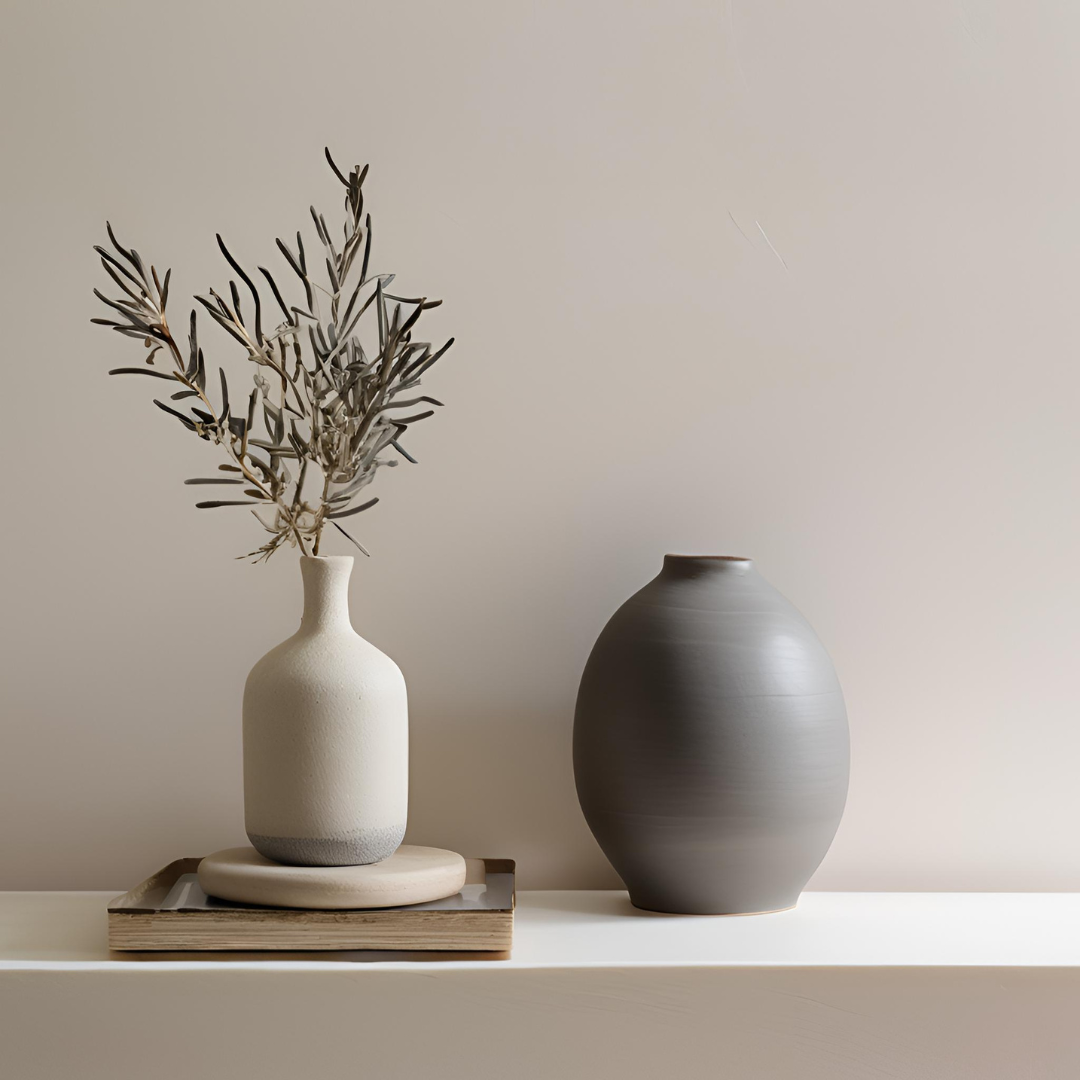 Typical modern Mediterranean Decoration: Ceramic Vases, wood and olive branches on a stand