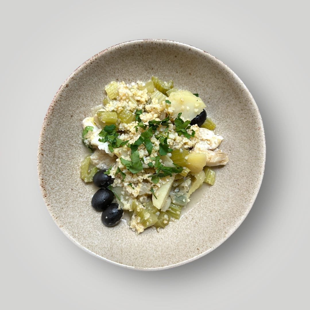 Mediterranean Fish Tagine with Celery, Lemon, Black Olives and Bulgur