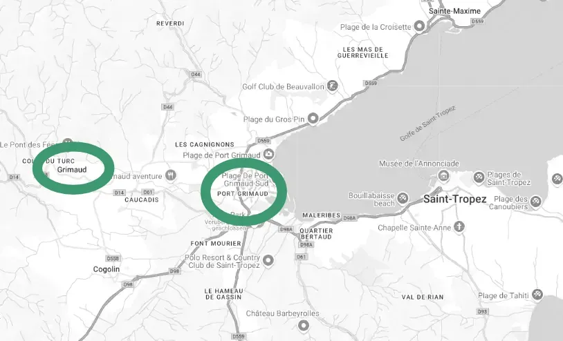 Map of Grimaud and Port Grimaud in the Golf of St. Tropez