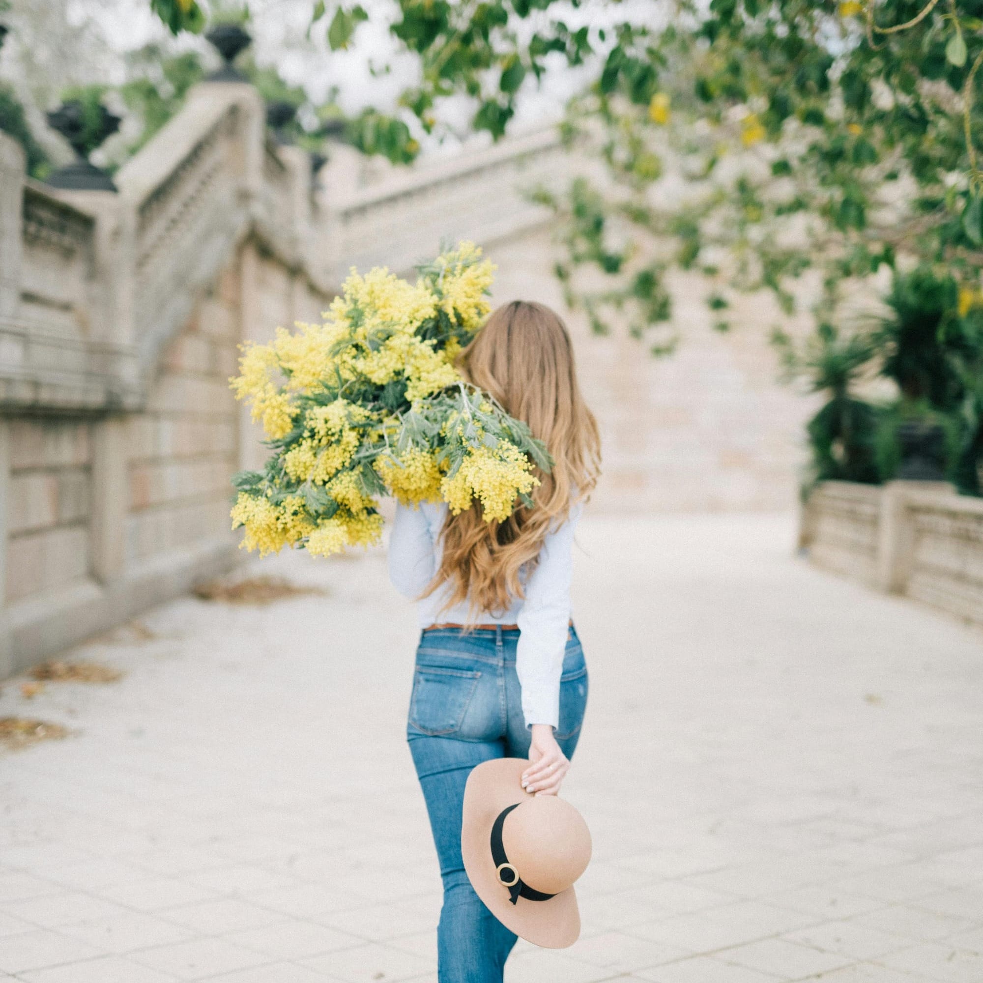 Woman carrying mimosa flowers in the south of france