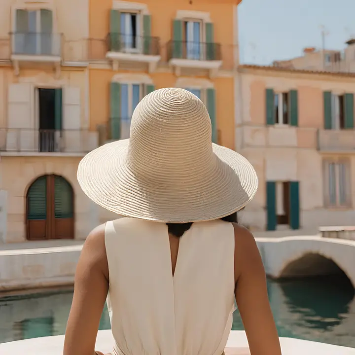 Woman on the French Riviera strolling through the city in a summer dress and big straw hat