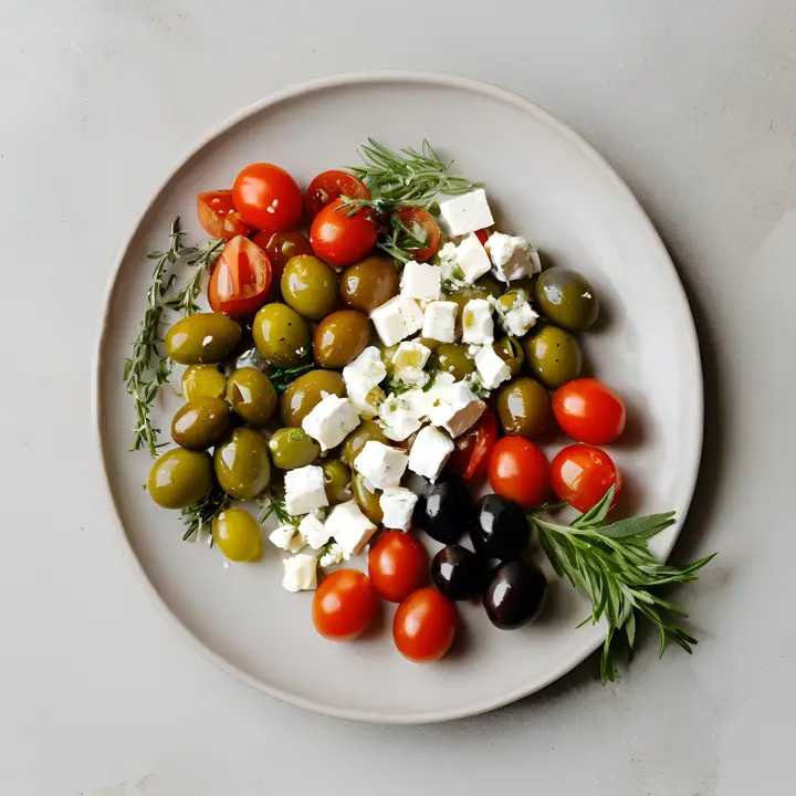 A colorful salad of mixed olives, cherry tomatoes, feta cheese, and fresh herbs