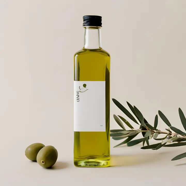 A minimalist display of a high-quality olive oil bottle, paired with fresh olives and an olive branch.