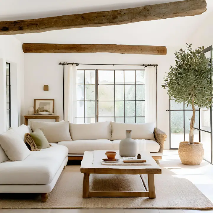 Rustic French Country Living Room with cozy neutrals, wooden beams, and an olive tree 